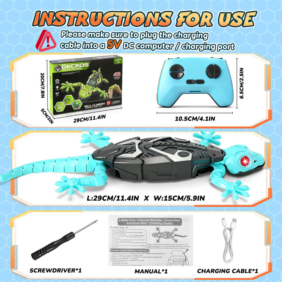 KETIEE RC Wall Crawler Gecko: Wall Climbing Gecko Toy for Kids | Remote Control Climbing Lizard with Led Glow Eyes,Rechargeable Floor Ceiling Crawling Robot Prank Toy,Gift for Boy Girl 3+Yrs
