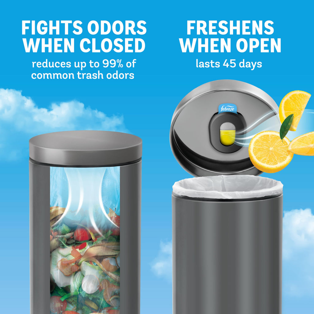 Febreze Odor Fighter, Can Air Freshener, Stick-On Deodorizer for Garbage Cans, Diaper Pails, Works with Scented Bags, Fresh Lemon and Linen & Sky Scents, 2 Holders + 2 Refills