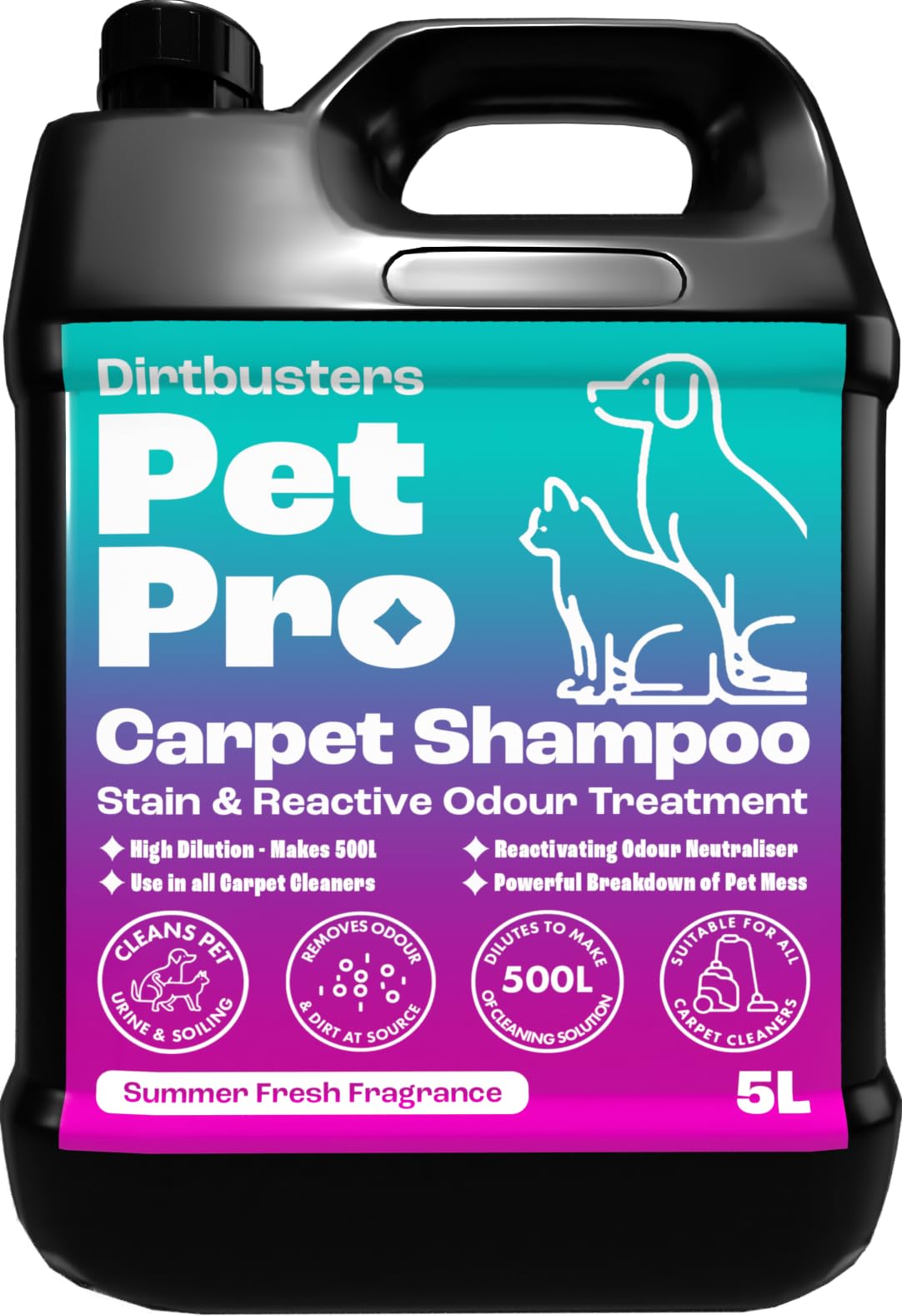 Dirtbusters Pet Pro Carpet Cleaner Shampoo Solution, Stain Remover (5L) | Makes 500L concentrate. Use in carpet cleaning machines, on upholstery, rugs and sofas. Neutralises pet odours and urine.