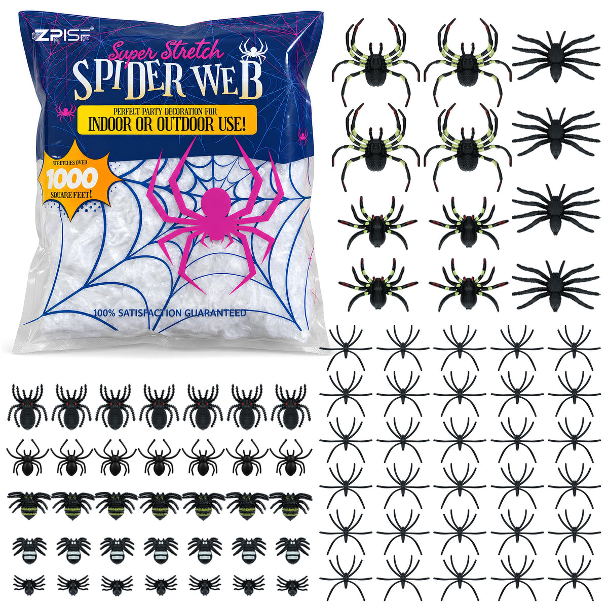 1000 sqft Spider Webs Halloween Decorations with 77 Fake Spiders | Super Stretch Cobwebs for Halloween Indoor and Outdoor Decor