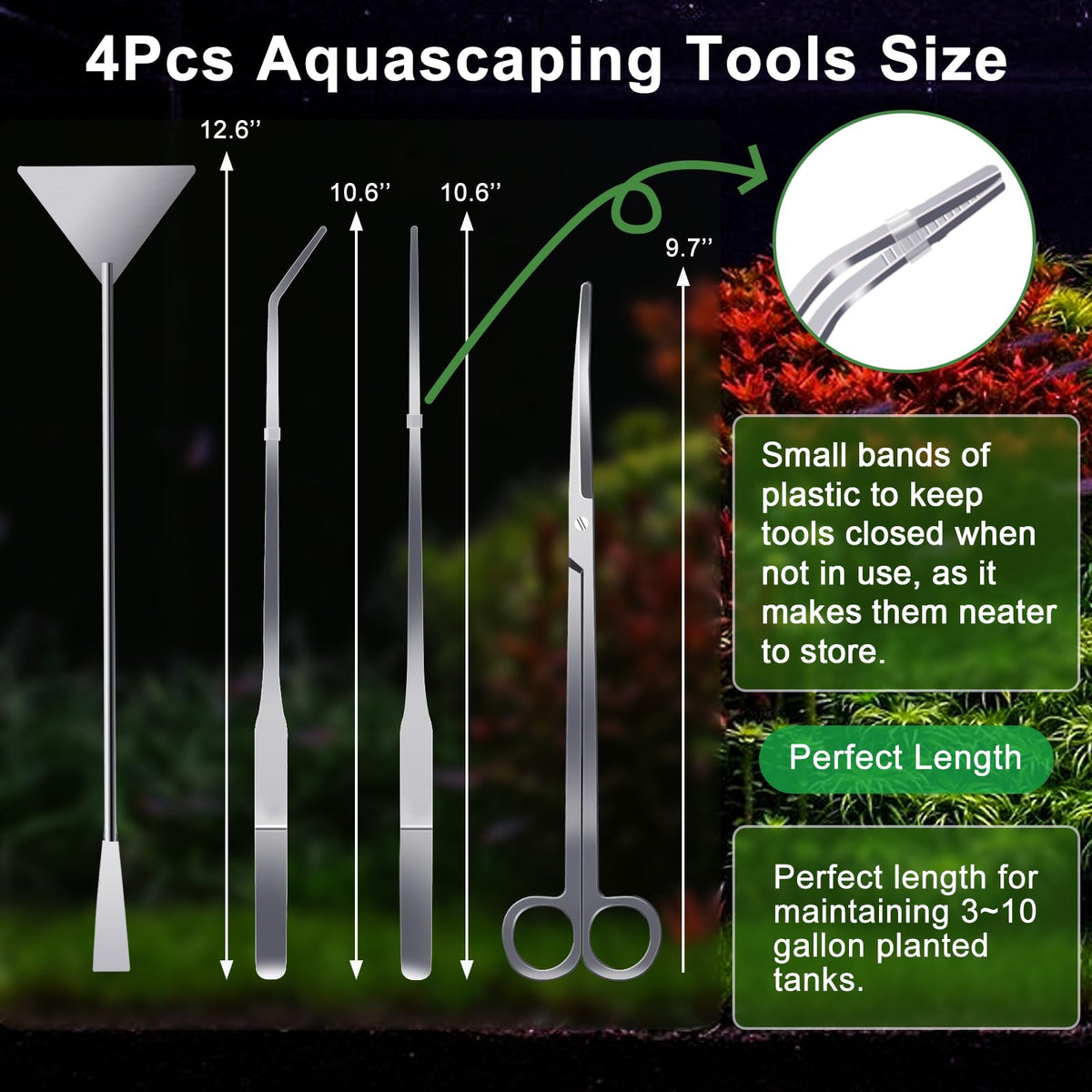 4Pcs Aquascaping Tools, Jeimier Aquascape Kit, Long and Strong Aquarium Tweezers, Scissors, Algae Scraper, Aquarium Plant Tools, Fish Tank Plant Trimming Kit