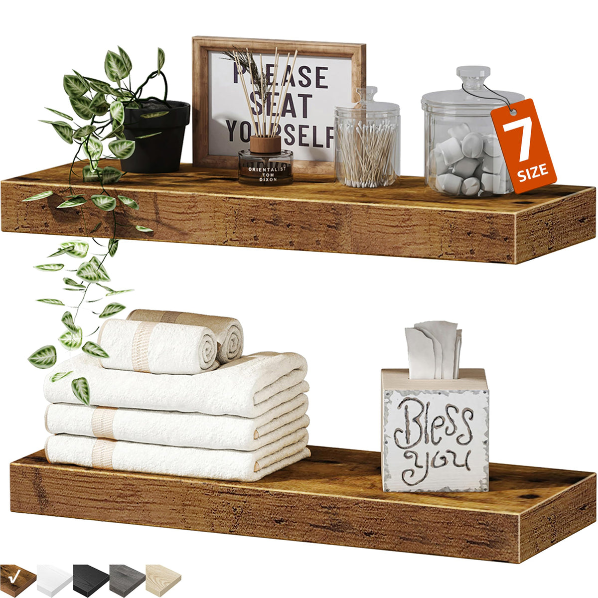 QEEIG Bathroom Floating Shelves for Wall (Brown, Set of 2, 15.7") | 16 inch Small Shelf Over Toilet for Farmhouse Home Decor, Rustic Plant Display, Towels Organizer (008-40BN)