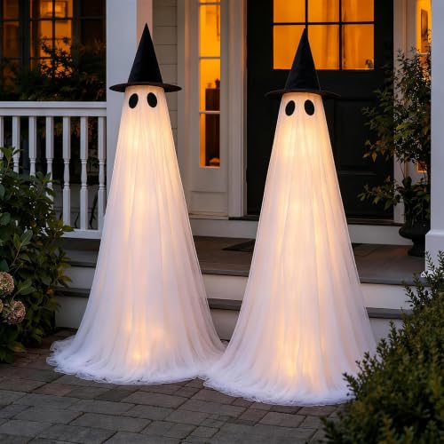 2 Pack 5 Ft Large Light Up Ghost Decor - Halloween Decorations Outdoor | Double-layered fabric, water bags and stakes, 8 light modes with timer, battery or USB power for porch and lawn