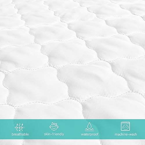 Crib Mattress Protector Sheets Fitted Waterproof Crib Mattress Pad Cover | Quilted Improved Thickness Machine Washable Noiseless 52” x 28” White Fit for Standard Crib Toddler Bed Mattress up to 9”