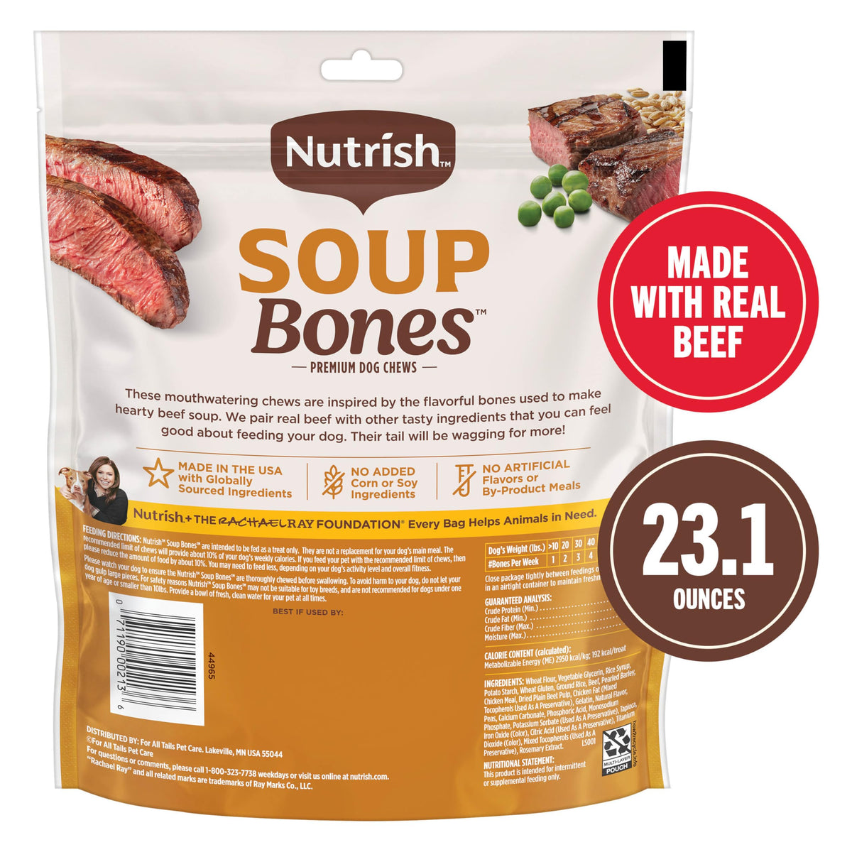 Nutrish Soup Bones Beef Dog Chews, 23.1 oz. Bag (11 Treats) (Rachael Ray) | Rawhide-Free, Contains No Artificial Flavors or By-Product Meals, Soft Texture, Easy on Gums, Resealable Bag