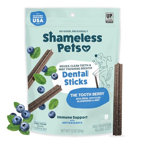 Shameless Pets Blueberry & Mint Dental Chews for Dogs, 8 Chews | Dental Chews for Dogs, Dog Teeth Cleaning Treats with Immune Support