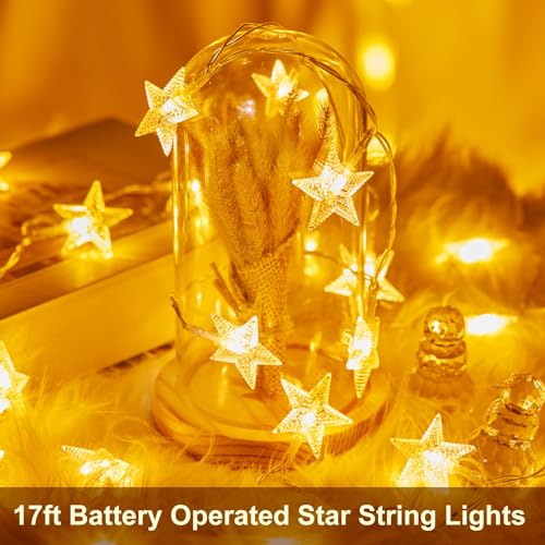 Minetom 50 LED Star String Lights, 17ft Fairy Lights Battery Operated | Star Lights with Timer, Waterproof for Indoor Outdoor Bedroom Tent Loft Bed Patio Party Wedding Christmas Decor, Warm White