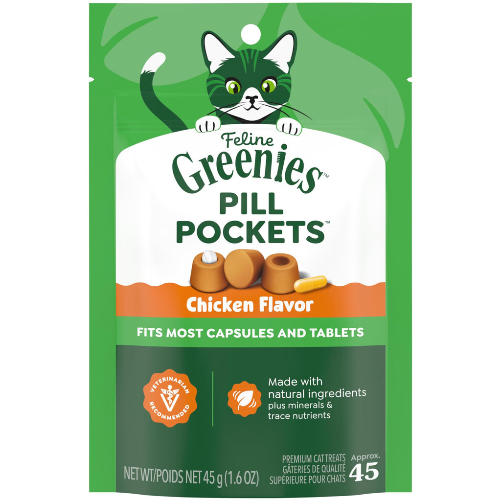 Greenies Feline Pill Pockets Soft Cat Treats, Chicken Flavor, 45 Count | #1 vet-recommended, moldable pocket hides pills, no artificial flavors or preservatives, real ingredients