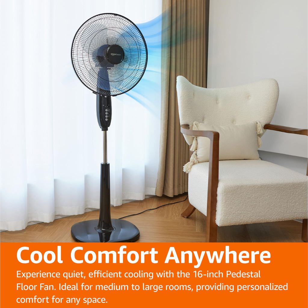 Amazon Basics 16" Pedestal Fan with Remote for Bedroom, Living Room, Office, Adjustable Height, Dual-Layered Blades, 3 Speeds, 3 Modes, Timer, Tilt Head, 60W, Black