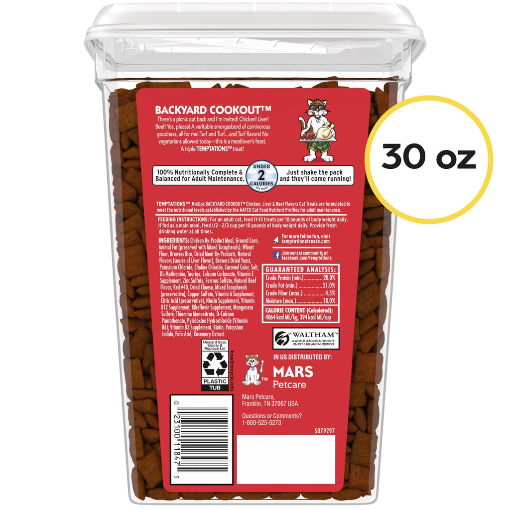 Temptations MixUps Crunchy and Soft Cat Treats, Cookout Flavor, 30 oz | Chicken, liver & beef flavors, under 2 calories per treat, 100% complete & balanced for adult cats, resealable stay-fresh tub