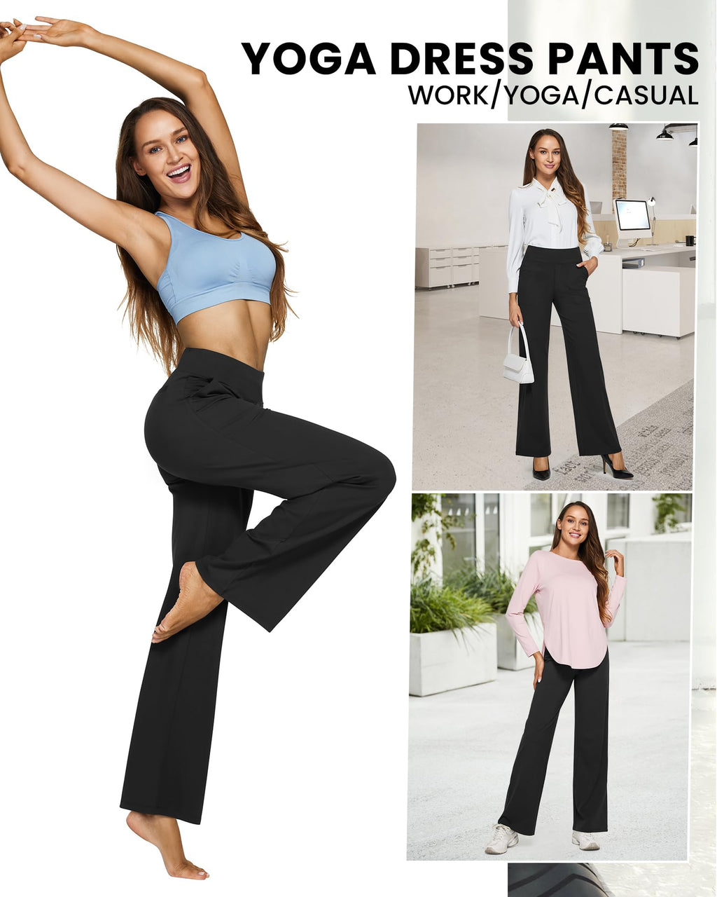G4Free Yoga Pants for Women Wide Leg Pants with Pockets High Waisted | Moisture Wicking, Soft Comfortable Feel, 4-Way Stretch, Faux Fly, Faux Back Pockets, Yoga, Work & Casual Wear