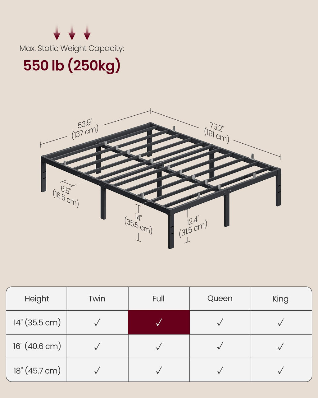 VASAGLE Full Metal Bed Frame, 14 Inches Tall, 1100 lb Weight Capacity | Heavy-Duty Platform Bed, No Box Spring Needed, Under-Bed Storage, Mattress Retainers, Easy Setup, URMB652BD02S