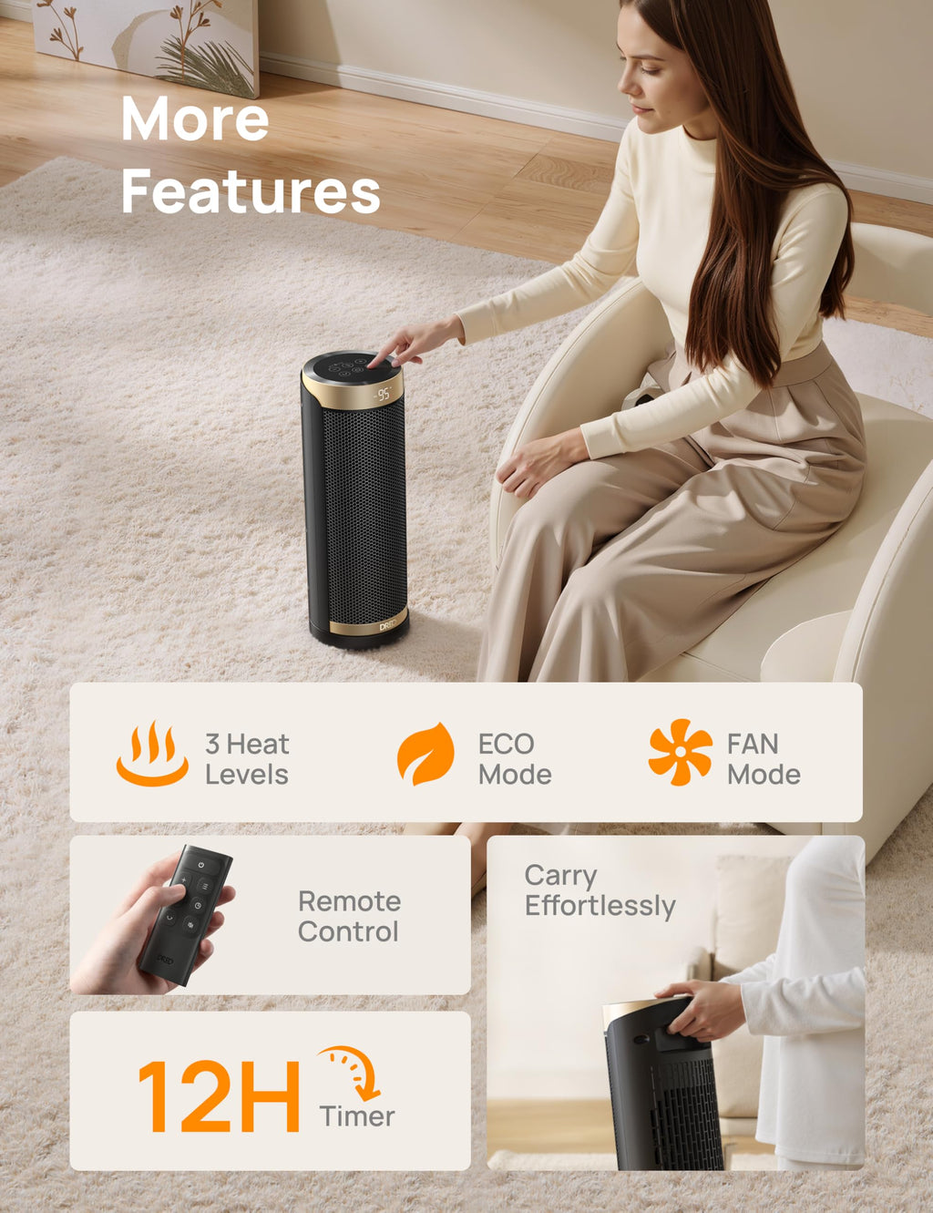DREO Space Heaters for Indoor Use with Thermostat, 1500W Electric Heaters | Fast Heating, Quiet Operation, 70° Oscillation, Remote Control, 12H Timer, ECO Mode, ETL-Certified Safety Heat for Large Room