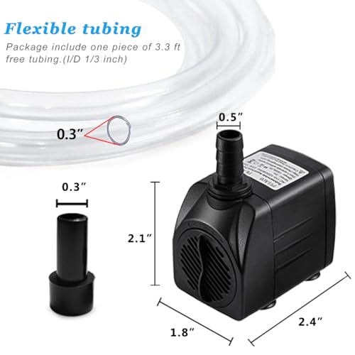 PULACO 160GPH Small Submersible Water Pump with 3.3 ft Tubing | 10Watt Ultra Quiet Fountain Pump (600L/H) for Aquariums, Pond Fountain, Water Feature, Indoor Fountains