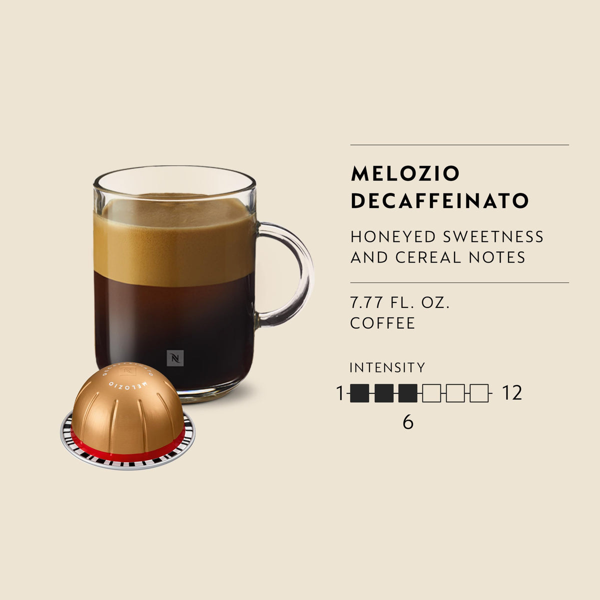 Nespresso Vertuo, Melozio Decaf, Medium Roast, 30-Count Espresso Pods | Decaf Medium-Roast Coffee Capsules, Smooth cereal notes and honeyed sweetness