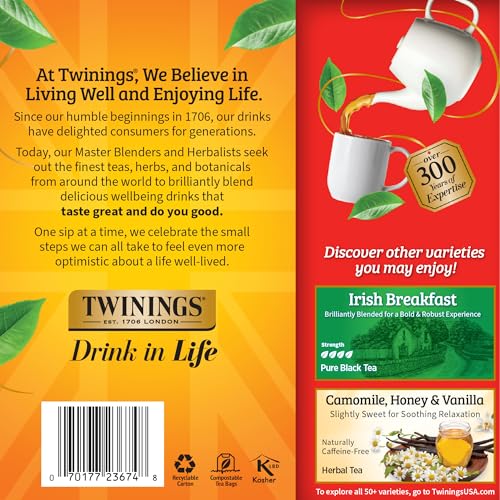 Twinings English Breakfast Black Tea Individually Wrapped Bags, 100 Count (Pack of 1), Smooth, Flavourful, and Robust, Caffeinated, Enjoy Hot or Iced, 100 Teabags