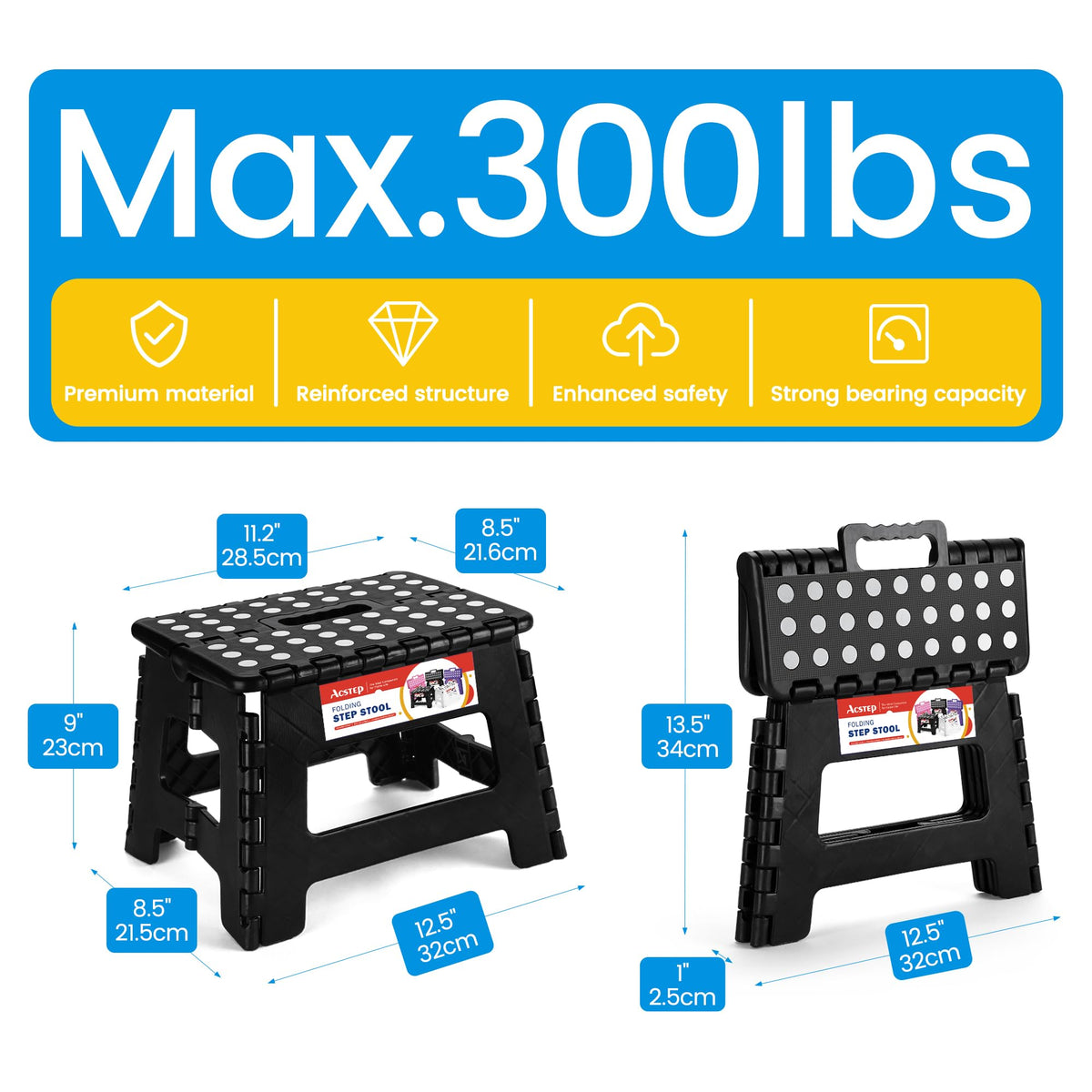 ACSTEP Folding Step Stool 9 Inch, Non-Slip Foldable Stools for Kids, Black | Heavy Duty Collapsible Foot Stool, Lightweight, Holds 300 lb for Toddler/Adults Kitchen Bathroom Bedroom Outdoor, with Handle