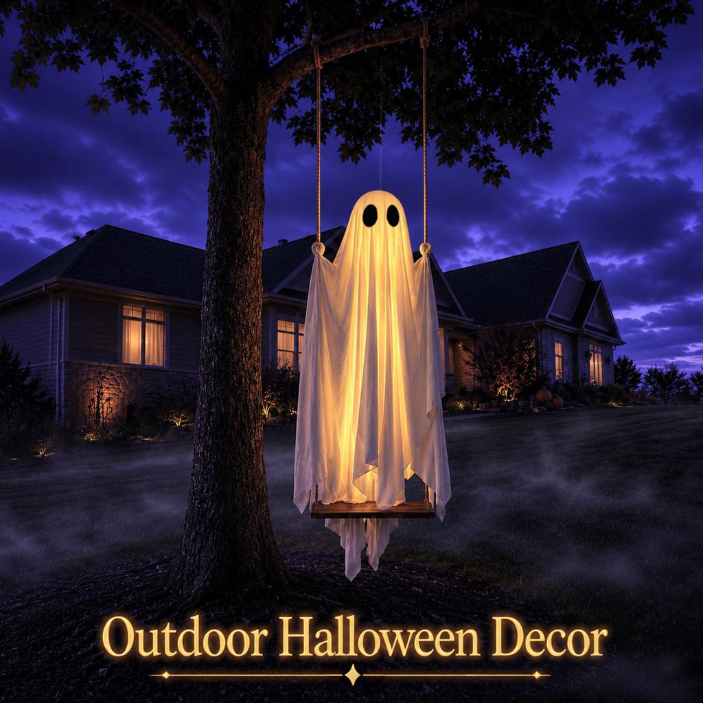 5FT Large Outdoor Halloween Decorations Swing Hanging Ghost for Porch, Yard | Ready to Hang Setup, Height-Adjustable Swing, Timer Remote Lights Strings, Draped Smooth Fabric, Porch Yard Lawn Tree Decor