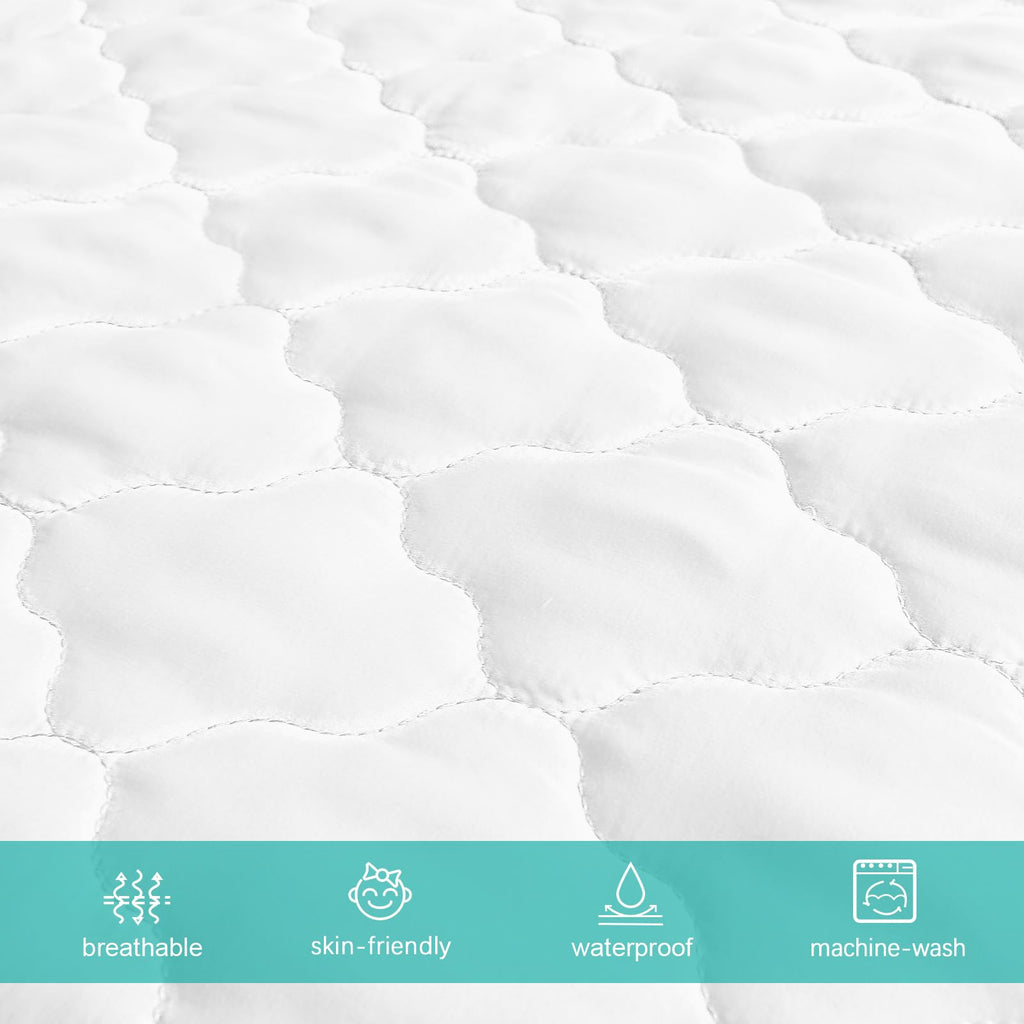 Crib Mattress Protector Sheets Fitted Waterproof Crib Mattress Pad Cover | Quilted Improved Thickness Machine Washable Noiseless 52” x 28” White Fit for Standard Crib Toddler Bed Mattress up to 9”