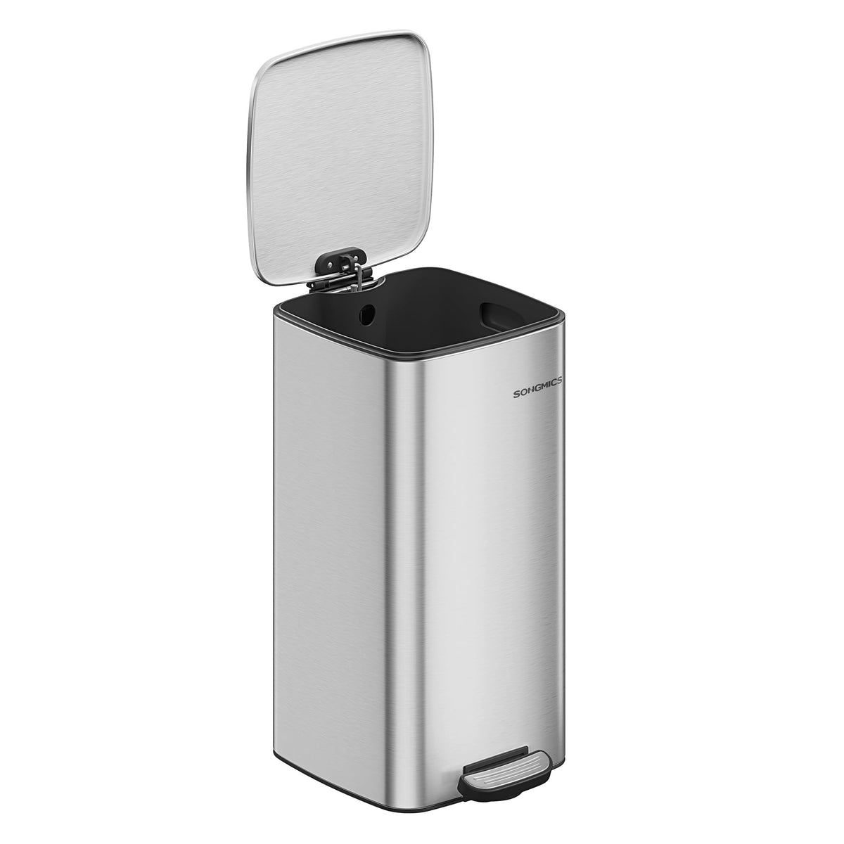 SONGMICS Kitchen Bin, 30L Stainless Steel Pedal Bin | Trash Bin, with Inner Bucket, Soft Close and Stays Open, Silver and Ink Black, PLUSHIC Collection LTB593E01