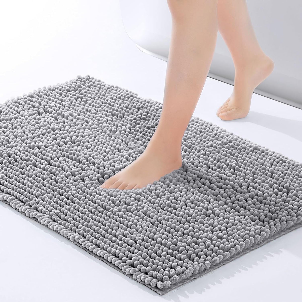 Moonlight Bedding Bath Mat Non Slip Anti Mould - Chenille Shower Mat Grey 40 x 60 cm Super Absorbent Bathroom Mat Machine Washable Extra Soft Fluffy Bathmat