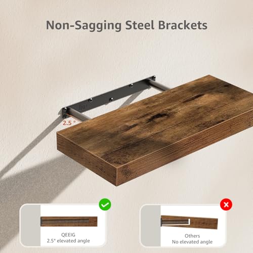 QEEIG Bathroom Floating Shelves for Wall (Brown, Set of 2, 15.7") | 16 inch Small Shelf Over Toilet for Farmhouse Home Decor, Rustic Plant Display, Towels Organizer (008-40BN)