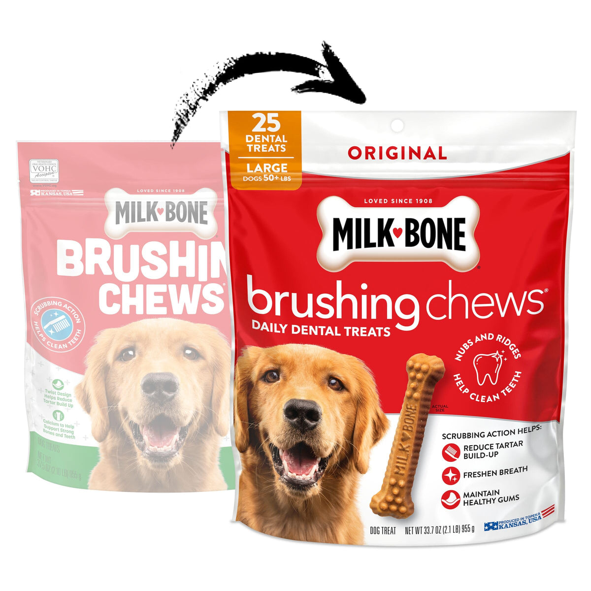Milk-Bone Brushing Chews Large Daily Dental Dog Treats, 33.7 oz Bag | 25 treats, chicken flavored, VOHC accepted dental chews, helps clean teeth and freshen breath, for large dogs 50 lbs and up