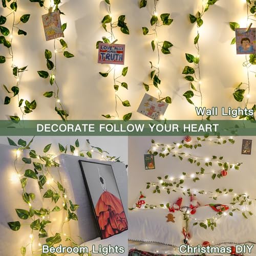 suddus 33FT 100LED Pothos Vine Fairy Lights Battery Operated Copper Wire | String Lights with Remote,Leaf Lights for Bedroom,Dorm,Wedding,Party, Garden,Wedding,Classroom Decor (Warm White)
