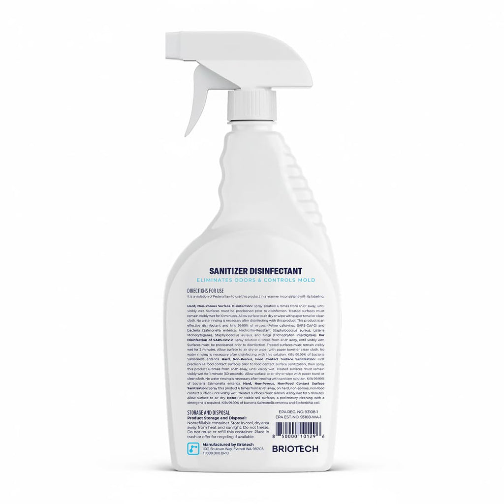 BRIOTECH Sanitizer Disinfectant, Hypochlorous Acid, 32 oz | Kills 99.99% of viruses, bacteria, control mold, eliminates odor, gentle for nursery, play rooms, food contact surfaces