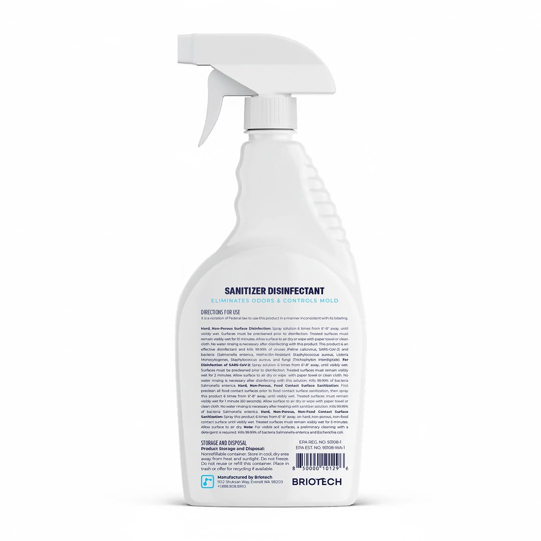 BRIOTECH Sanitizer Disinfectant, Hypochlorous Acid, 32 oz | Kills 99.99% of viruses, bacteria, control mold, eliminates odor, gentle for nursery, play rooms, food contact surfaces