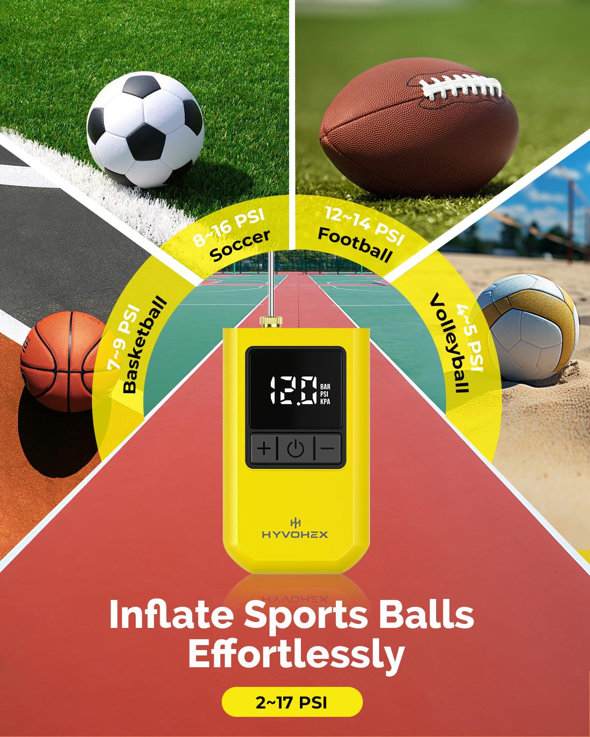 HYVOHEX Mini Electric Ball Pump with Needle for Sports Balls | Portable,Digital LED Display,Preset Auto-Stop Pressure,Fast Inflation,Replaces Manual Pump for Basketball,Soccer,Volleyball