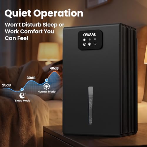 OWAAE Dehumidifier for Home with Auto Shutoff Sleep Mode, 1000 Sq Ft | Quiet for Bedroom Basement Bathroom with Portable 95oz Water Tank, Auto Shutoff, 7-color LED light, Grey