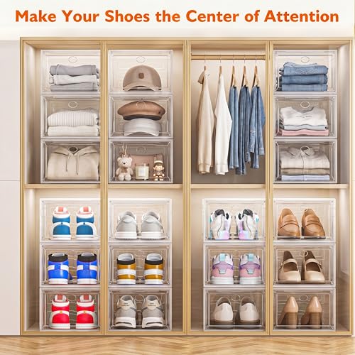 Sturdy Clear Shoe Organizer with Magnetic Door, Stackable Shoe Storage Box | Thick Plastic Shoe Storage for Sneakers & Boots, Collapsible Closet Shoe Rack and Clear Shoe Box, 6 Pack White