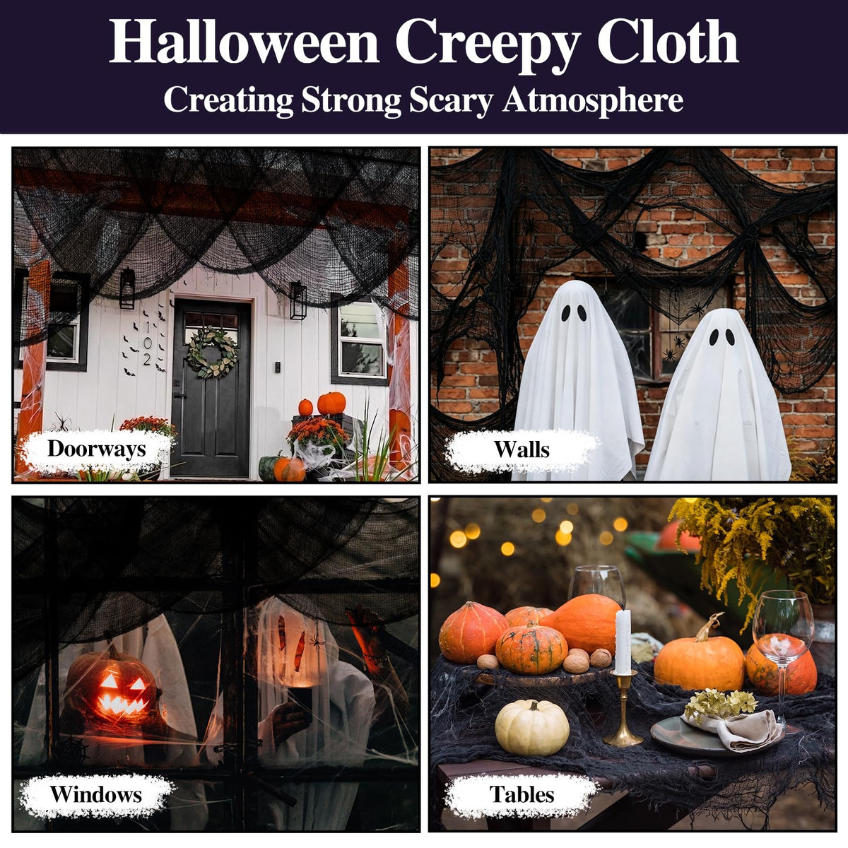 ZeeDix 6 Pack Black Halloween Creepy Cloth 30 × 75 Inch - Halloween Cheesecloth Decoration Spooky Scary Gauze Black Cheese Cloth for Party Supplies Outdoor Yard Home Wall Doorway