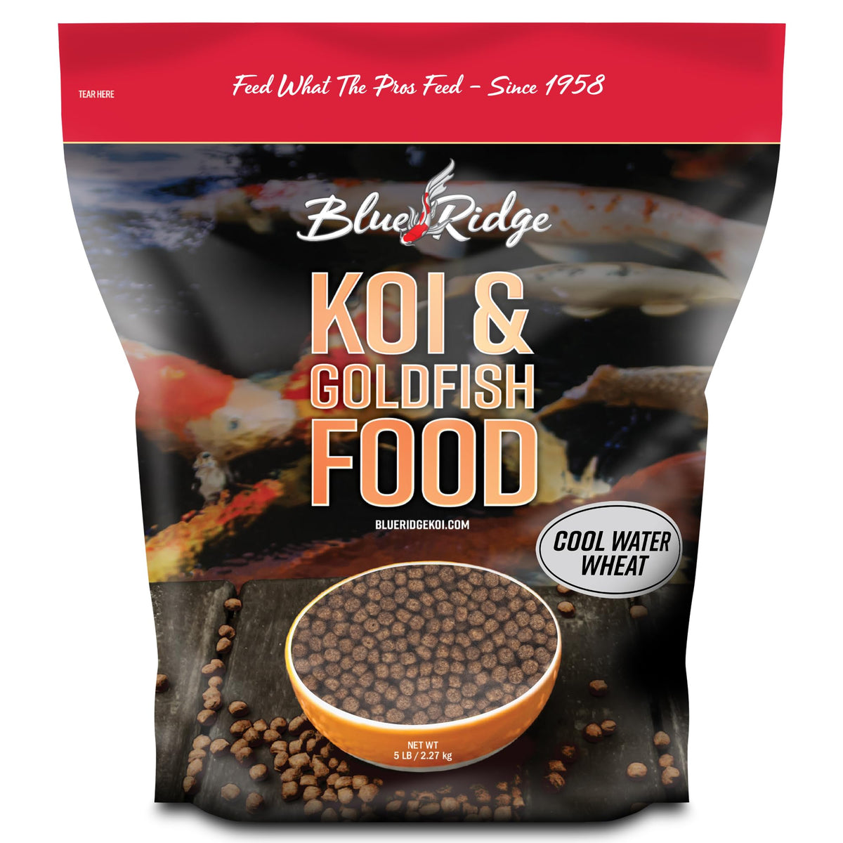 Blue Ridge Cool Water Wheat Koi Fish Food, 3/16" Pellets, 5 lb | Wheat-germ formula, easy cool-water digestion; floats & softens fast; works in auto feeders; vitamins & minerals added