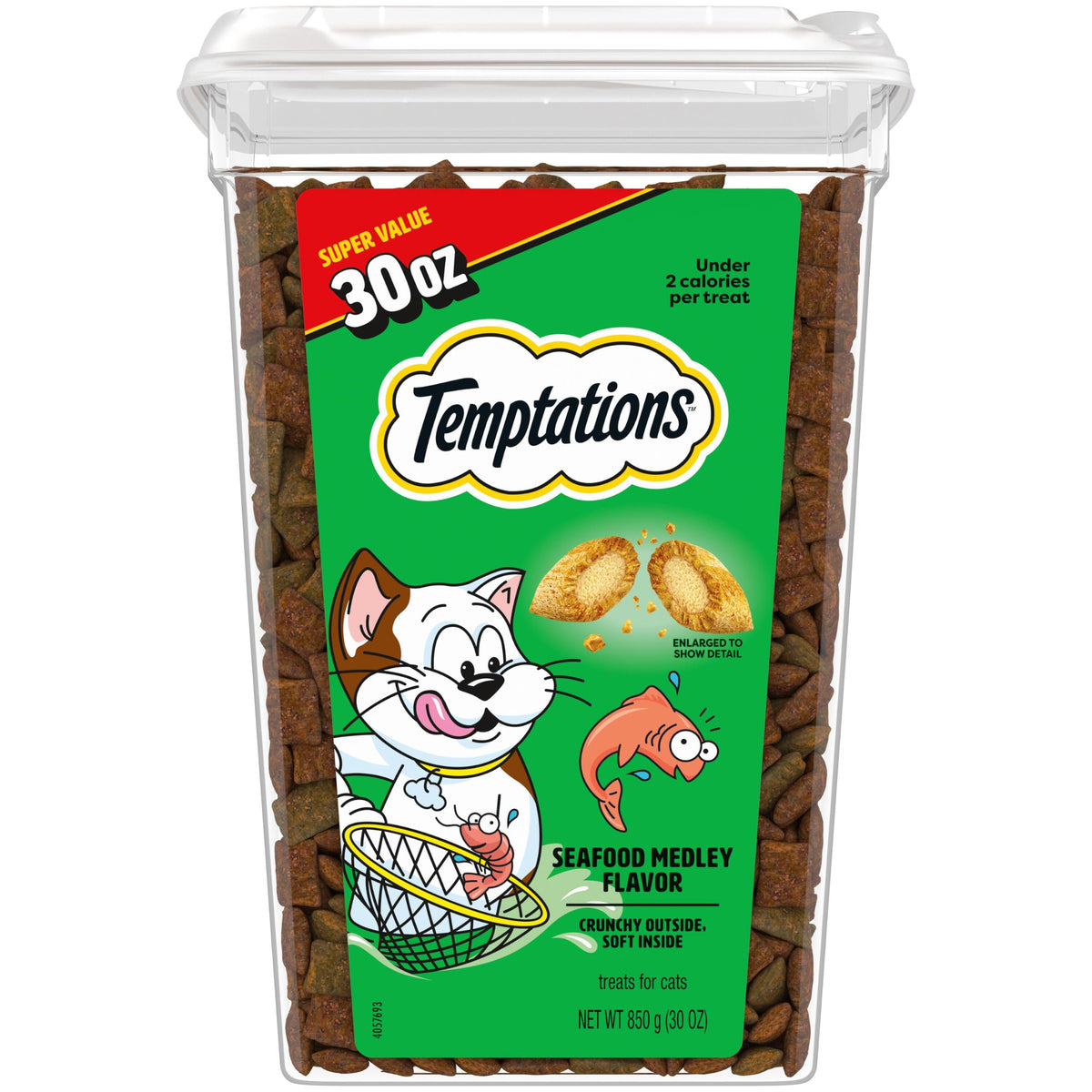 Temptations Classic Crunchy and Soft Cat Treats, Seafood Medley, 30 oz | Under 2 calories per treat, 100% complete & balanced adult cat nutrition, resealable tub, use as snack, meal, or food topper