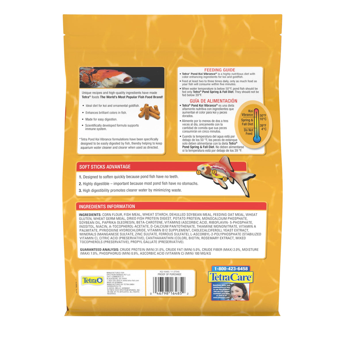 Tetra Pond Koi Vibrance Soft Sticks, Floating Pond Fish Food, 2.42 lbs | Daily Diet for Koi Fish and Ornamental Goldfish, Feed When Water is Above 50 Degrees, Highly Digestible, Clean & Clear Water