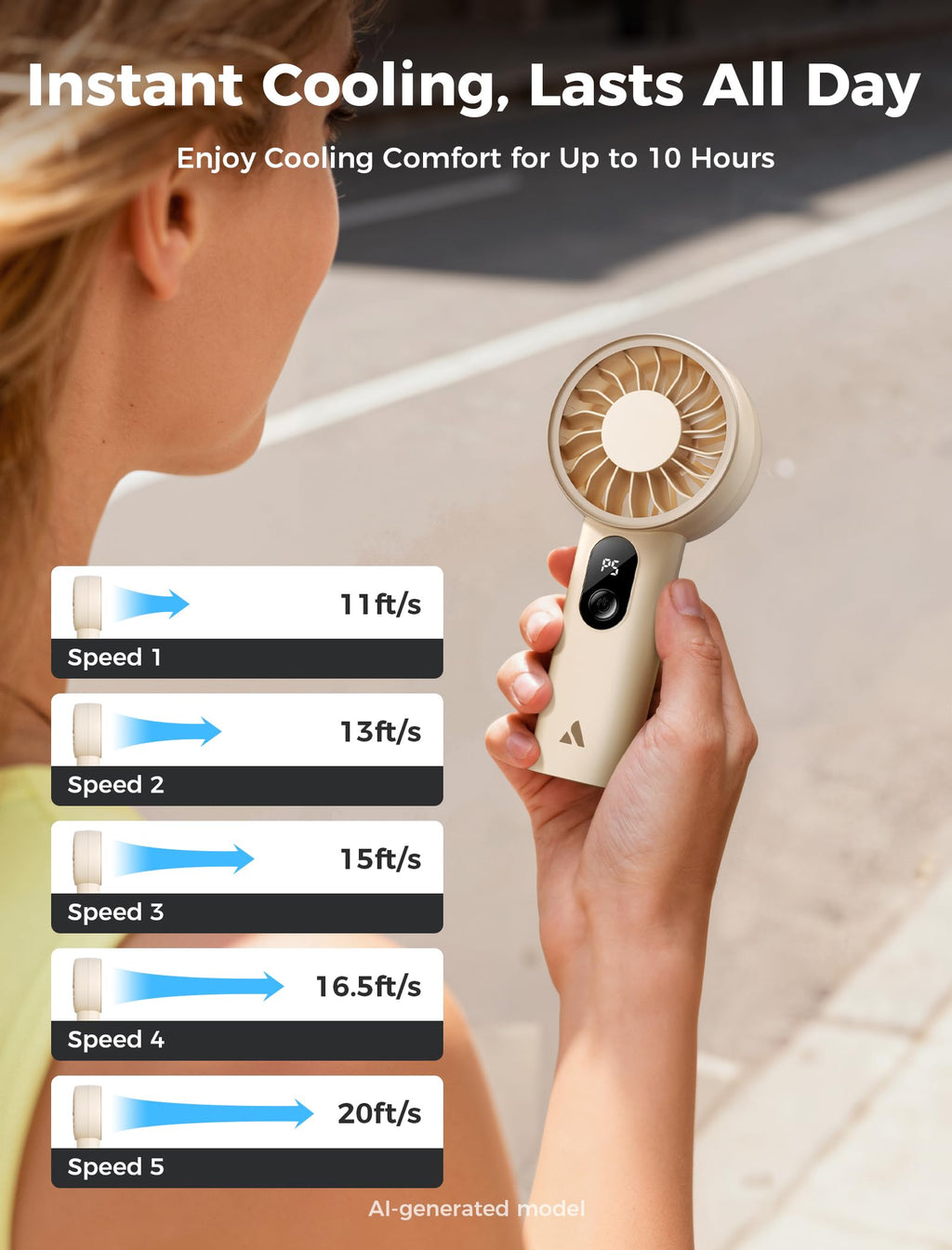 Aecooly Mighty Portable Fan, Powerful Handheld Fan, USB Rechargeable | [10H Max Cooling Time], Mini Personal Battery Powered, Pocket for Travel, Summer, Gifts for Women, Girls -Beige