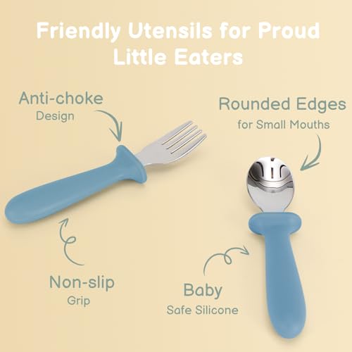 Eascrozn Toddler Utensils, 6 Pack Children Safe Forks and Spoons Set | kids Silverware Set with Silicone Handle, 18/8 Stainless Steel, BPA Free, Dishwasher Safe