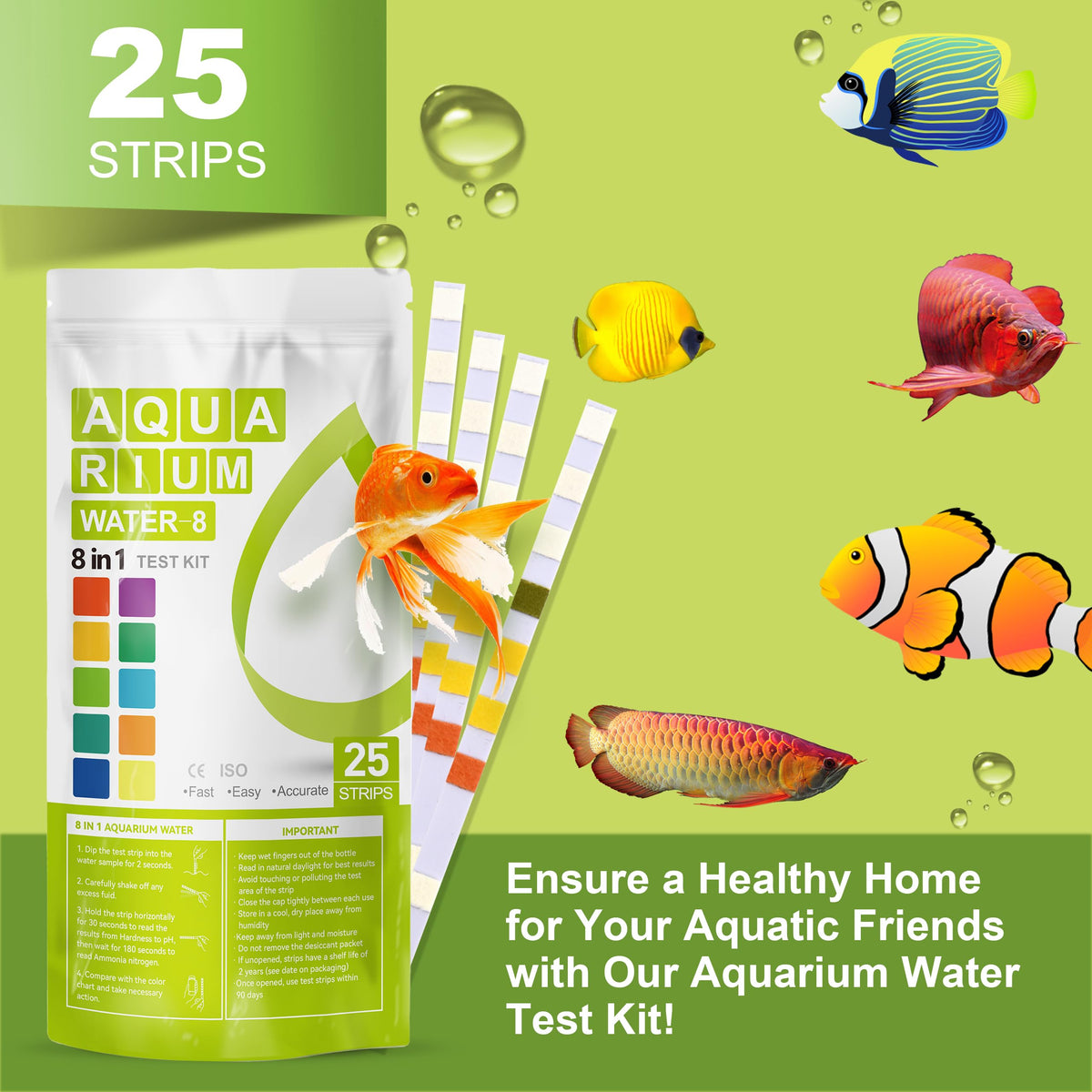 AAwipes Aquarium Ammonia Test Strips 8-in-1 |25 Strips | Quick & Accurate Water Testing Test pH, Ammonia, Alkalinity, Hardness, Chlorine, Nitrite, etc. (K02-25)