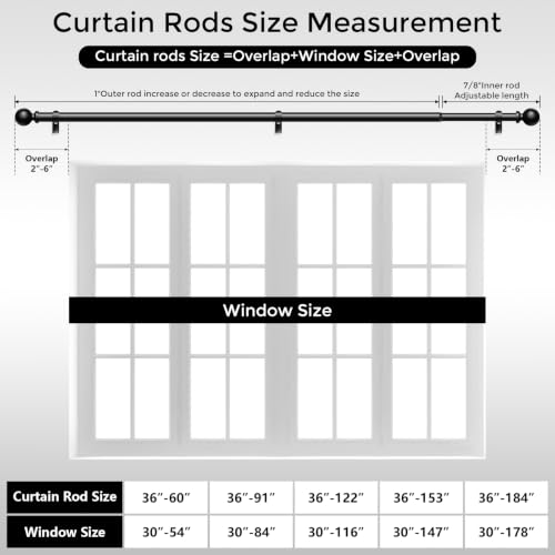 Wolistsa Curtain Rods 36-91 Inch, Black 1 Inch Adjustable Heavy Duty Curtain Rods for Windows, Decorative Modern Window Treatment Rod, Telescopic Splicing Metal Drapery Pole, Easy Installation