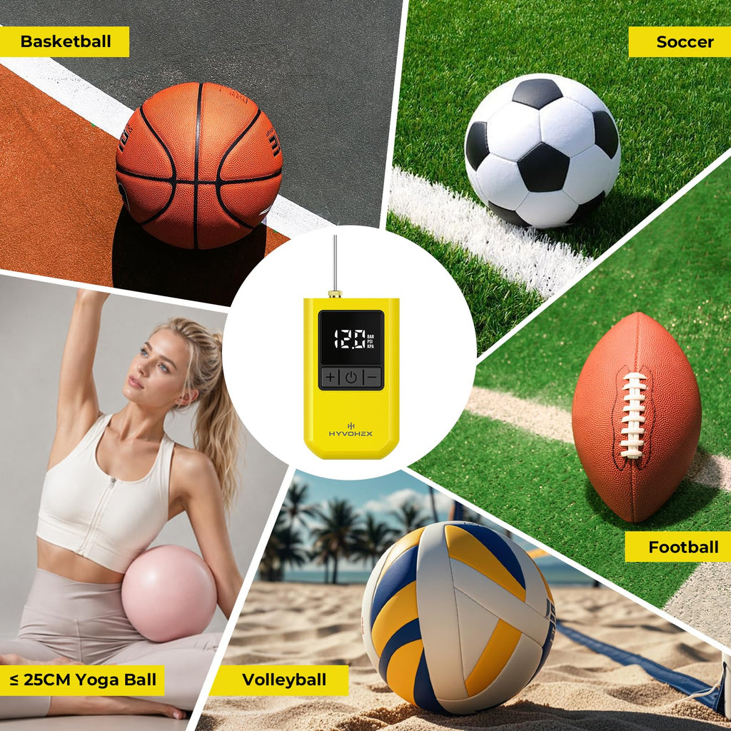 HYVOHEX Mini Electric Ball Pump with Needle for Sports Balls | Portable,Digital LED Display,Preset Auto-Stop Pressure,Fast Inflation,Replaces Manual Pump for Basketball,Soccer,Volleyball