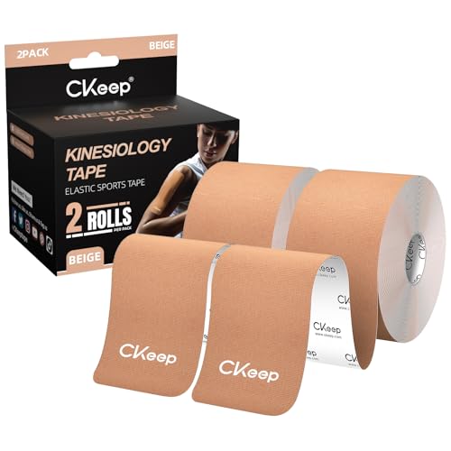 CKeep Kinesiology Tape, Uncut Premium Elastic Athletic Tape 2 Rolls, Beige | Original Cotton Latex Free Kinetic Tape, Breathable & Water Resistant Sports Tape for Muscle and Joint Support, 2inch x 16ft