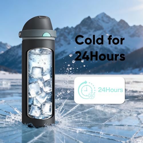 Insulated Water Bottle with Straw - Encool Stainless Steel Water Bottle with Push Button Lid, Leak-Proof & BPA-Free, Keeps Cold for 24 Hours for Sports, Travel, Gym (24 oz, Tuna Grey-Green)