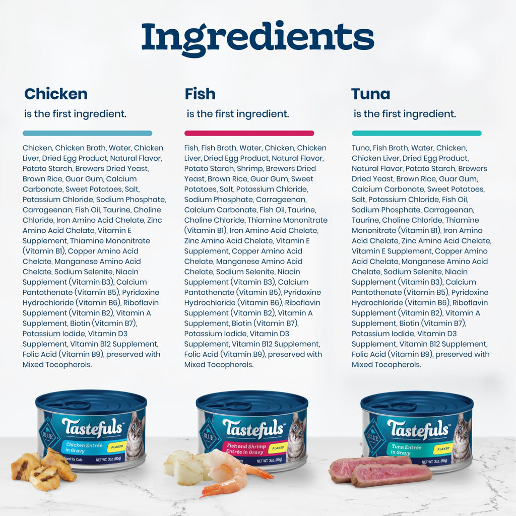 Blue Buffalo Tastefuls Variety Pack Wet Cat Food, 3 oz, 12 ct | Tuna, Chicken & Fish and Shrimp Entrées in Gravy (4 of Each), No Corn, Wheat, or Soy
