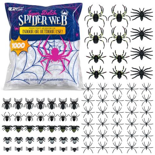 1000 sqft Spider Webs Halloween Decorations with 77 Fake Spiders | Super Stretch Cobwebs for Halloween Indoor and Outdoor Decor