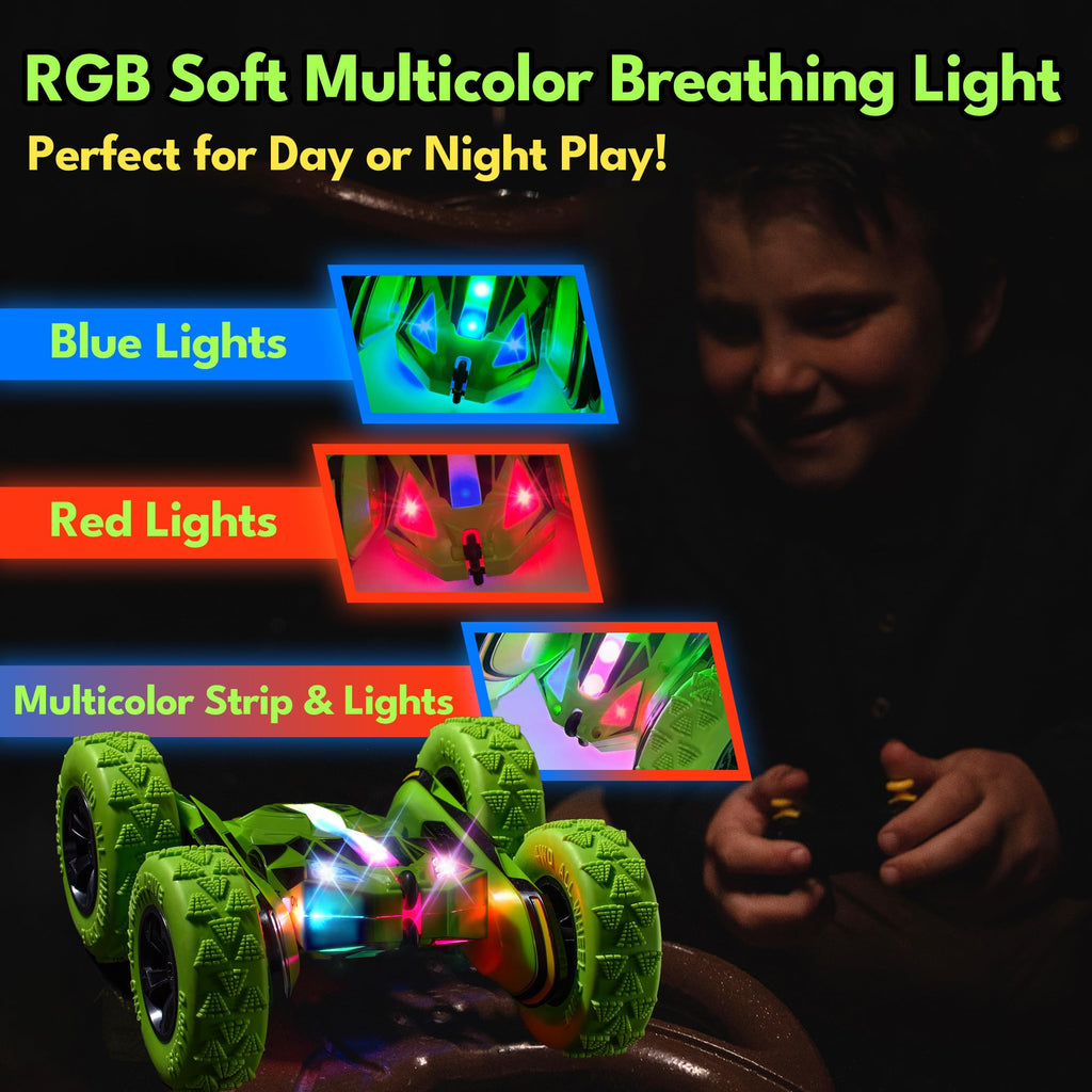 Threeking Remote Control Car Rc Flip Stunt Cars Toys Gifts for Kids Ages 6+ | Upgraded USB-C Modular Batteries 4WD Unique AUTO DEMO RGB Eye-Friendly Lights 360° Flips Double Sided Driving Stunt Car
