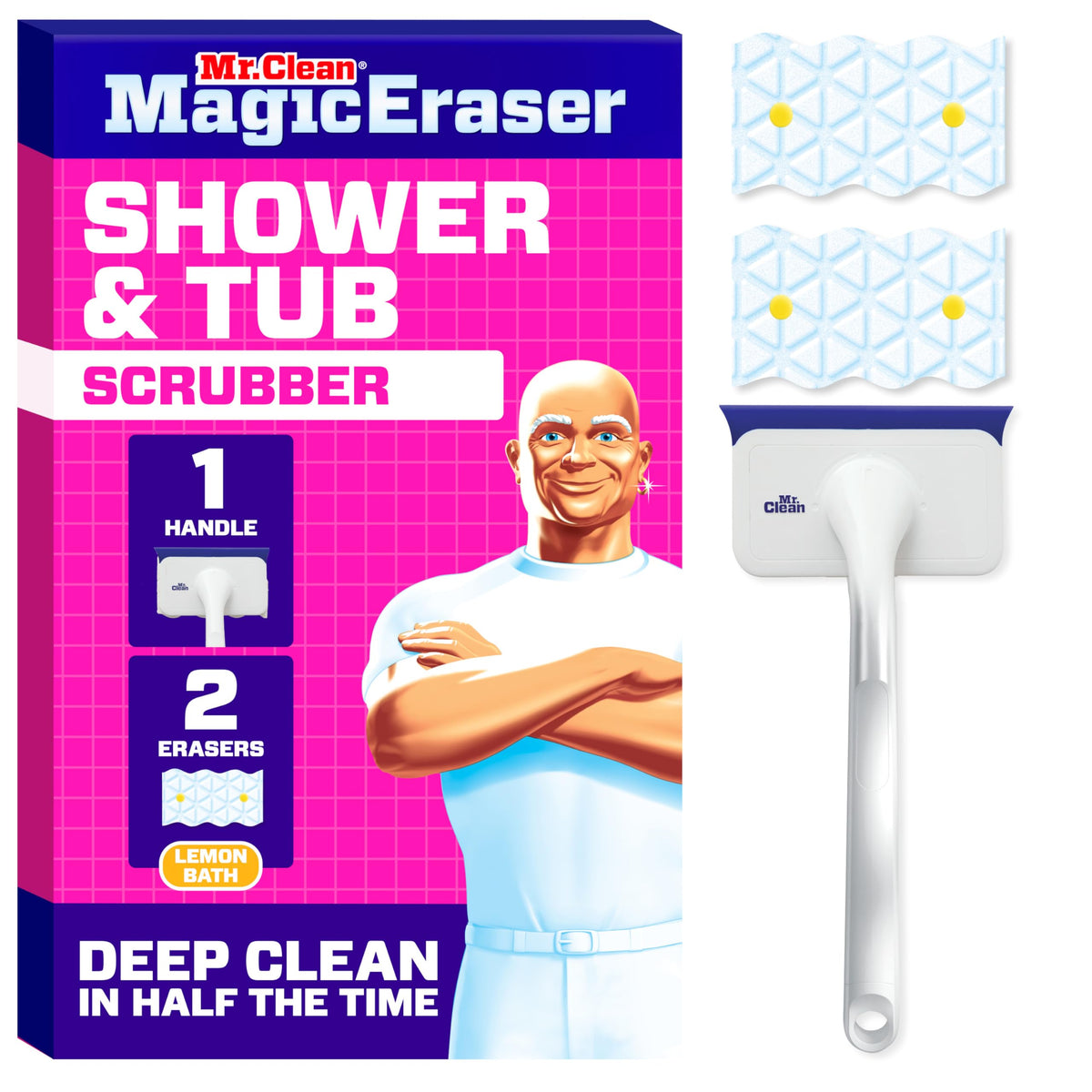 Mr. Clean Magic Eraser Shower & Tub Scrubber, Bathroom Cleaner, All in One Bathroom Cleaner, Lemon Starter Kit, 1 Scrubber & 2 Foaming Magic Erasers