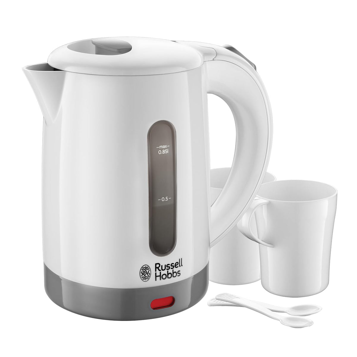 Russell Hobbs Electric 0.85L Travel Kettle, Compact Design, 1000W | Dual Voltage for Worldwide Use, Includes 2 Cups and Spoons, Ideal for Caravan and Camping