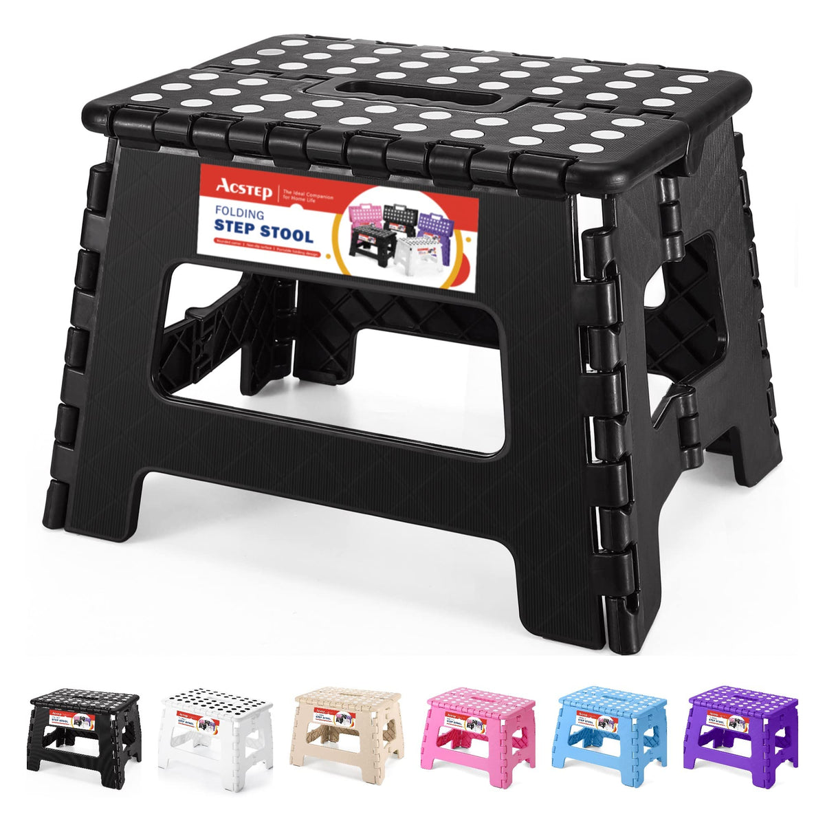 ACSTEP Folding Step Stool 9 Inch, Non-Slip Foldable Stools for Kids, Black | Heavy Duty Collapsible Foot Stool, Lightweight, Holds 300 lb for Toddler/Adults Kitchen Bathroom Bedroom Outdoor, with Handle